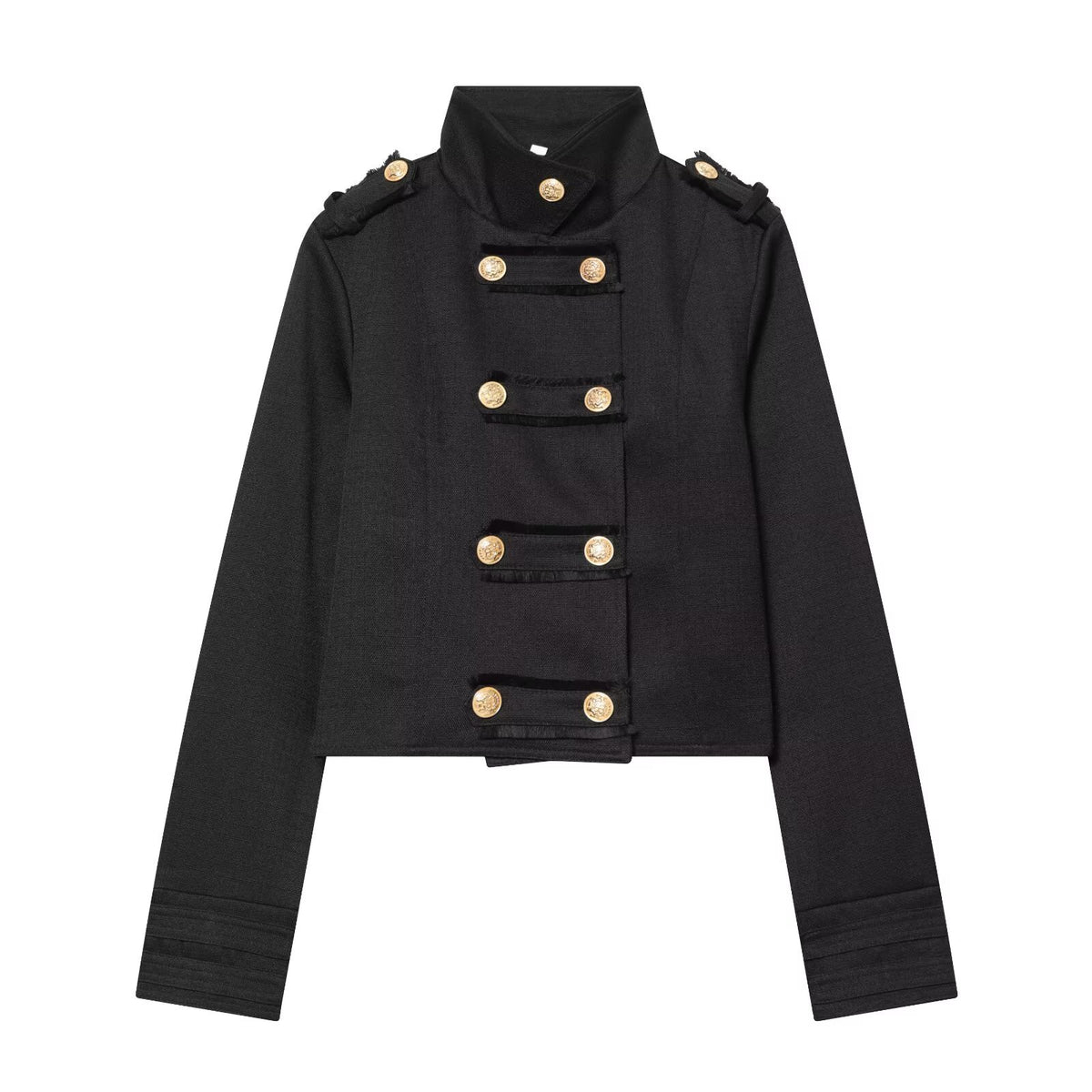Cropped Stand-Collar Jacket with Gold-Tone Buttons