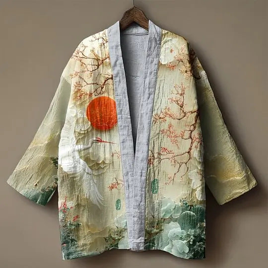Open-front kimono jacket with wide sleeves, pale yellow with red sun and crane print, front view on hanger