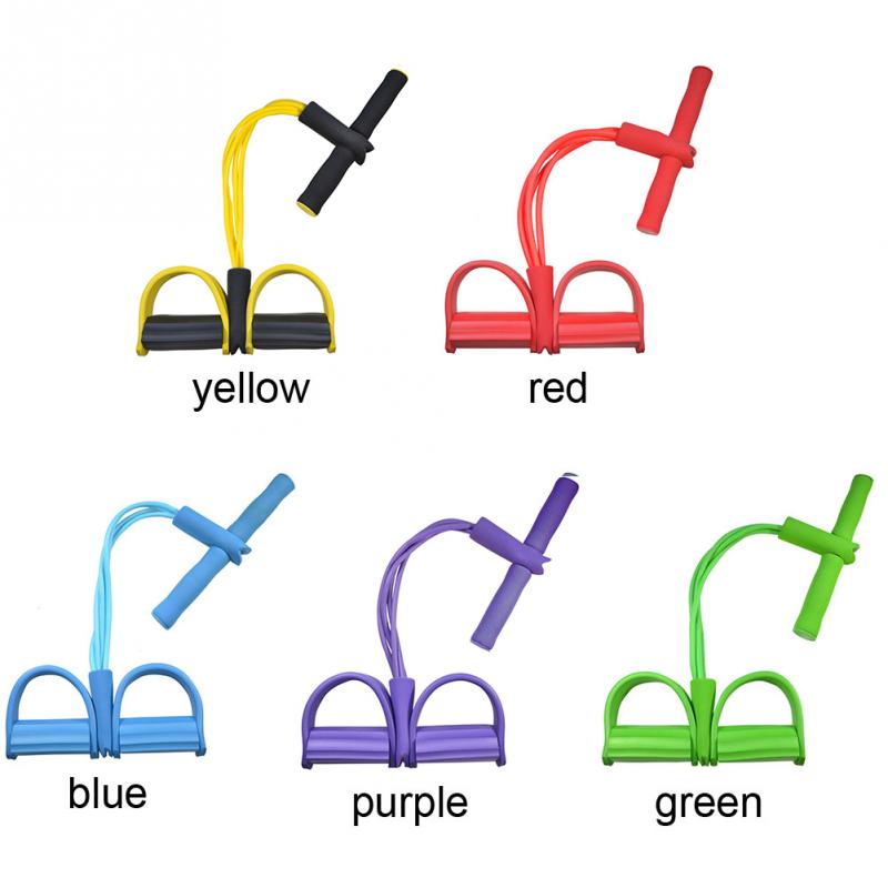 Foot pedal resistance tube with handle in yellow, red, blue, purple, green and pink, flat lay view