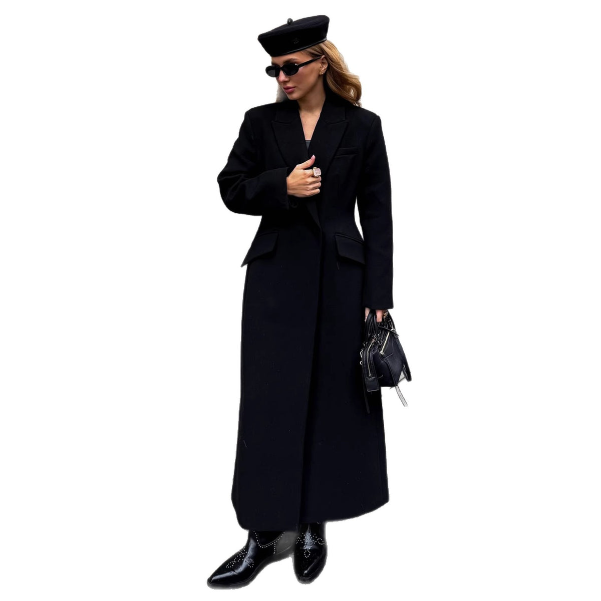 Floor-length single-breasted tailored coat in black, full front view of model on white background