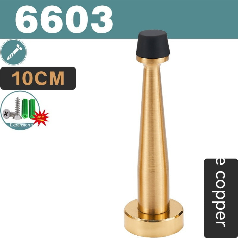 Brass-tone door stopper, 10 cm tall, black rubber cap, front view, white background, with text and icons