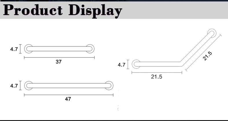 Size chart for wall grab bars showing dimensions of straight and angled models