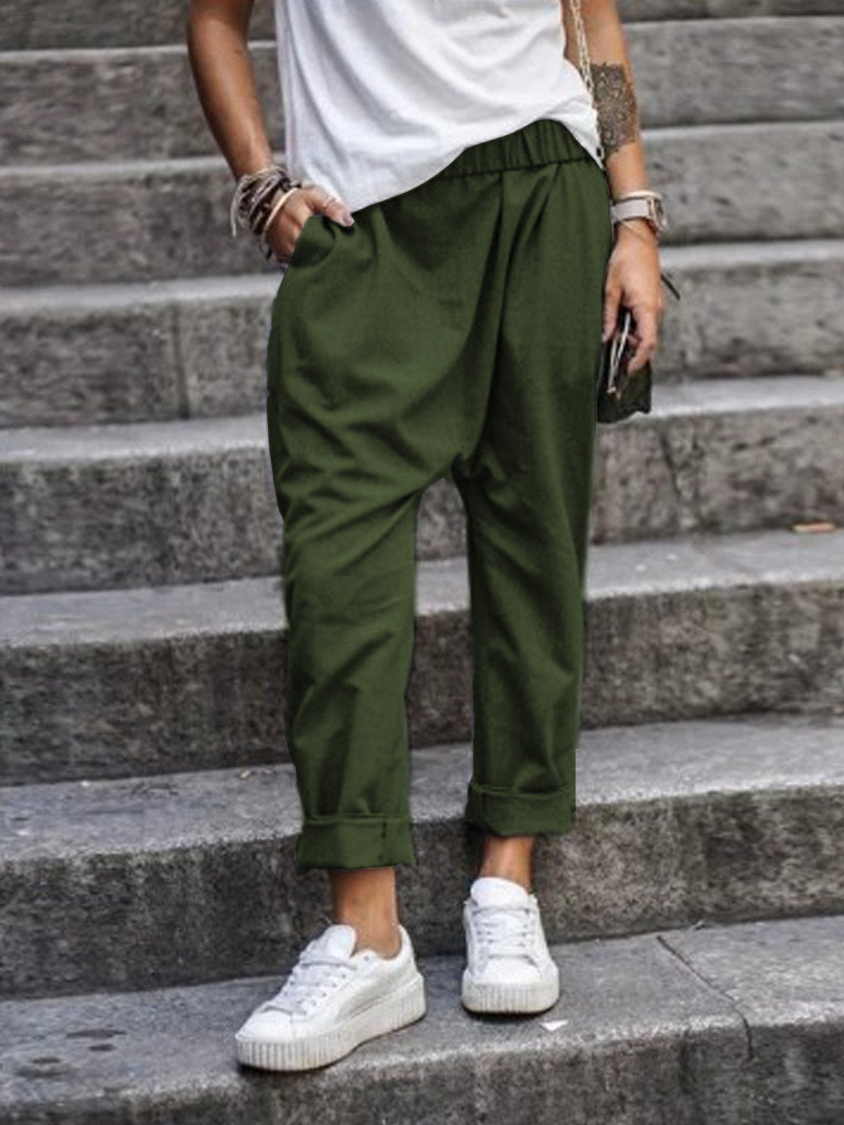 High-Waist Elastic Harem Trousers with Pockets in army green