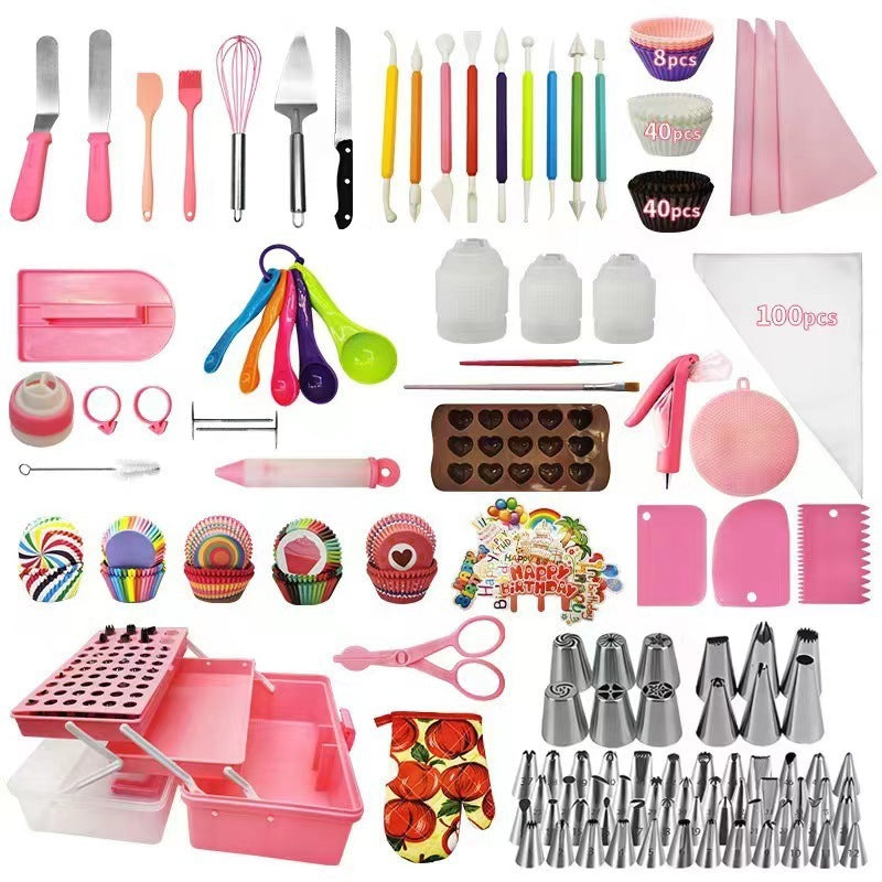 Cake decorating set with pink tools, piping nozzles, cupcake cups, and storage box in flat lay view