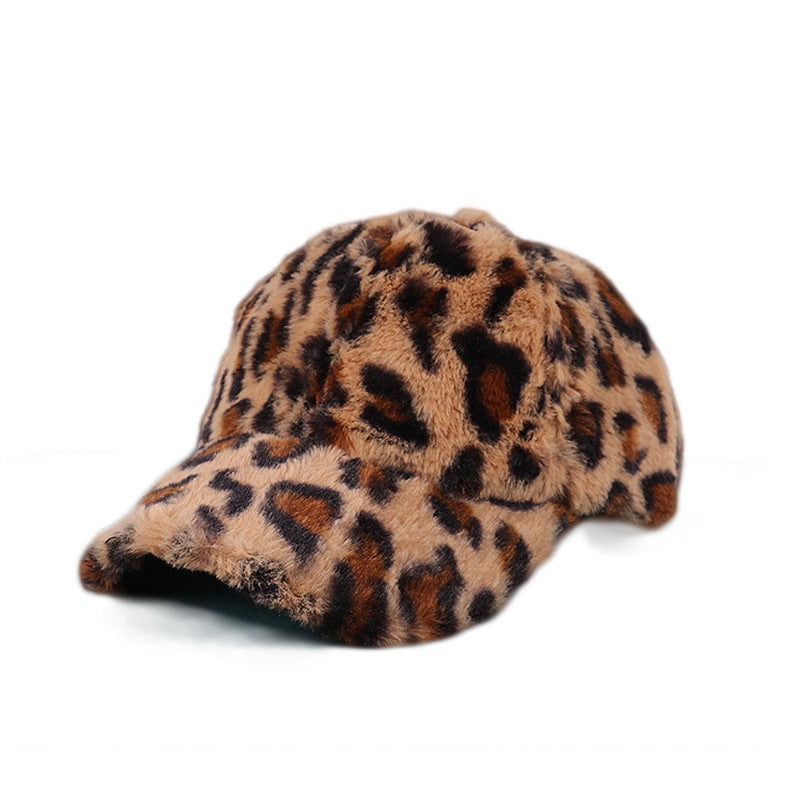 Plush baseball cap in leopard print, front view on white background