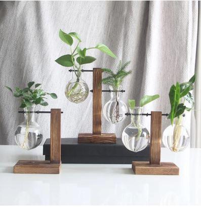 Vintage Handblown Double Glass Vase with Wood Stand