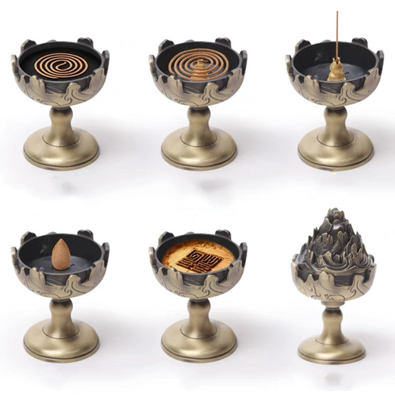 Six views of incense burner with different incense types: coil, stick, cone, and powder, all in antique bronze-tone