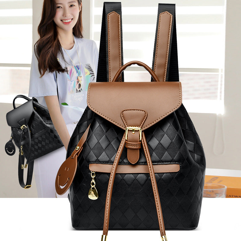 Quilted Faux Leather Flap Backpack with Drawstring