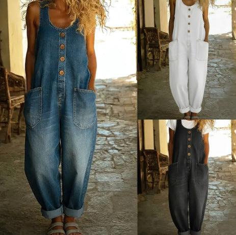 Collage of wide-leg overall jumpsuit in light blue, white, and dark denim-look prints, front views on model, scoop neck