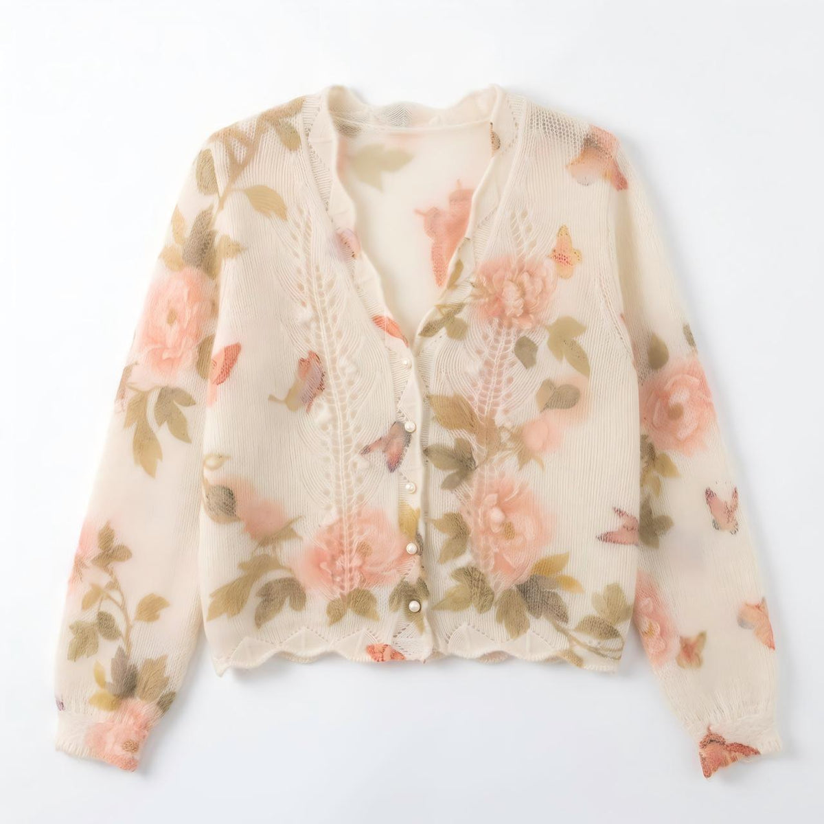 Floral Jacquard V-Neck Cardigan with Pearl-Look Buttons — view 6