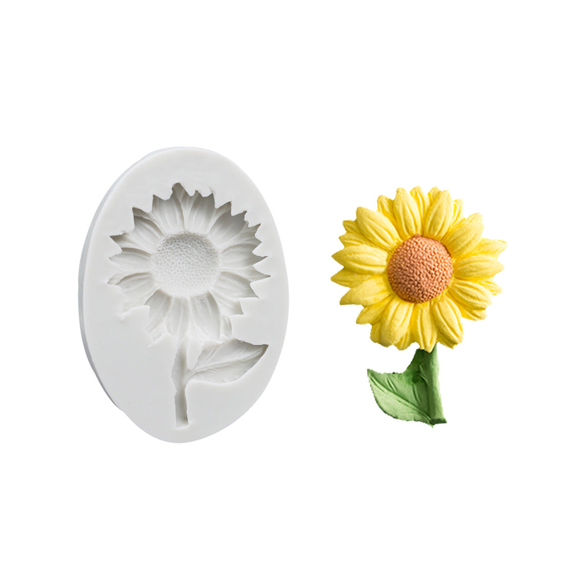 Sunflower silicone fondant mould, white, oval shape with detailed flower imprint, shown next to a yellow sunflower decoration