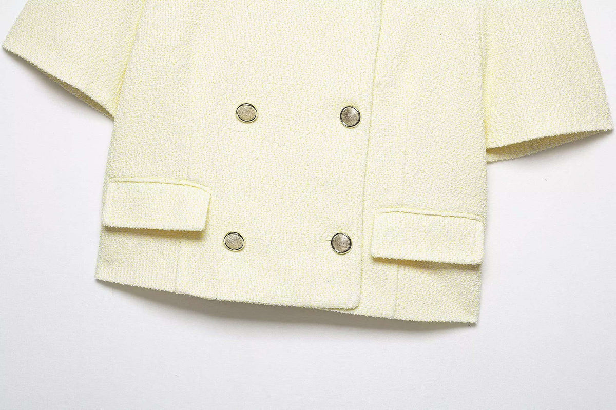 Cream Double-Breasted Cropped Jacket and Matching Shorts