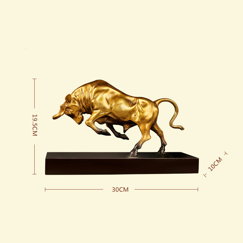 Charging bull metal sculpture in gold finish on black base, size chart showing 19.5 cm height, 30 cm length, 10 cm depth