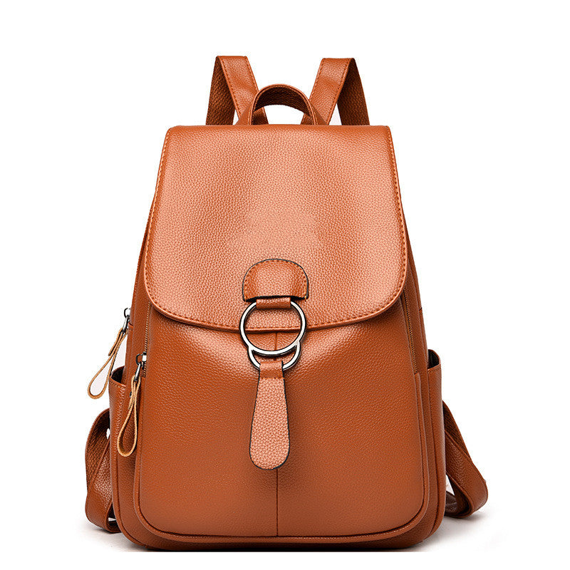 Faux Leather Flap Backpack with Ring-Pull Buckle