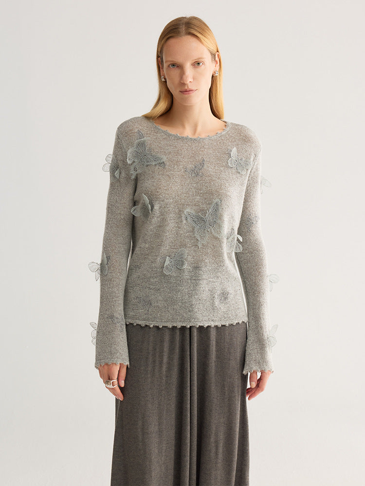 Butterfly Appliqué Crew Neck Knit Top in grey, worn by model, full front view, paired with grey skirt, lace butterflies