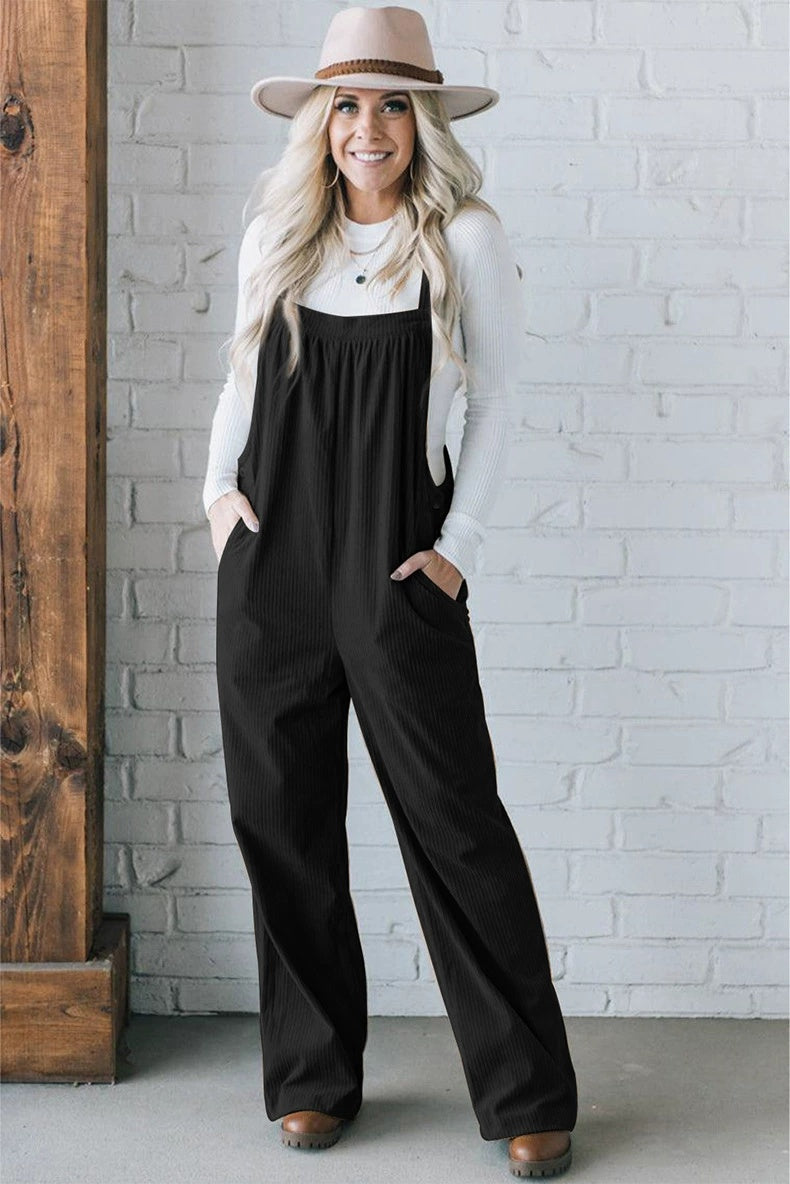 Corduroy Wide-Leg Dungarees with Pockets in black