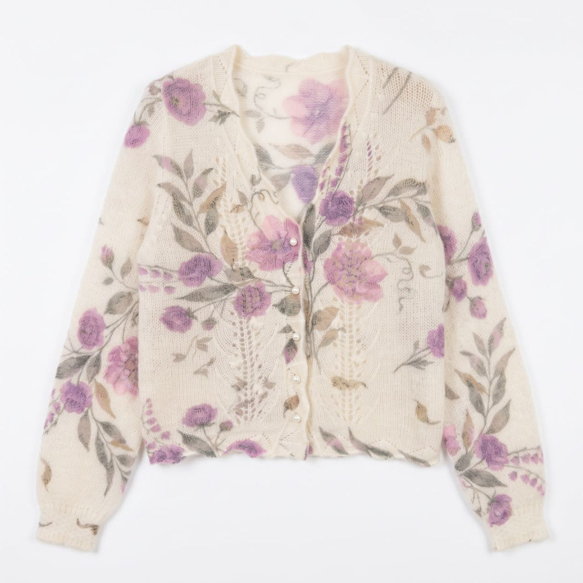 Floral Jacquard V-Neck Cardigan with Pearl-Look Buttons — view 5