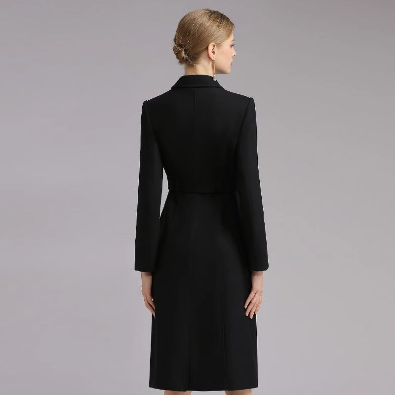 Belted collared midi coat, black, back view on model, knee length, straight silhouette