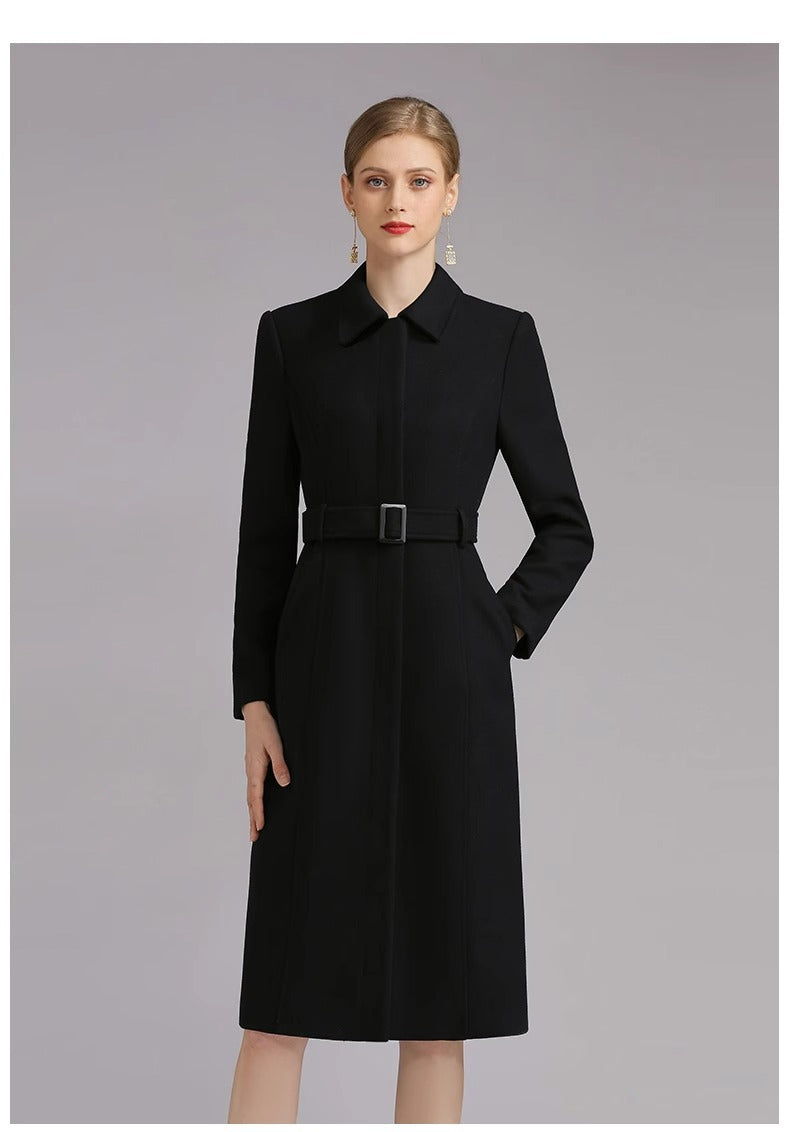 Belted collared midi coat, black, front view on model, one hand in pocket