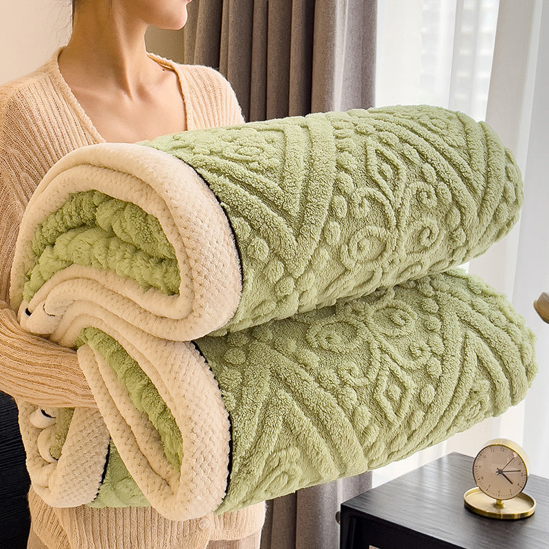 Embossed Diamond-Pattern Velvet-Look Blanket in matcha green