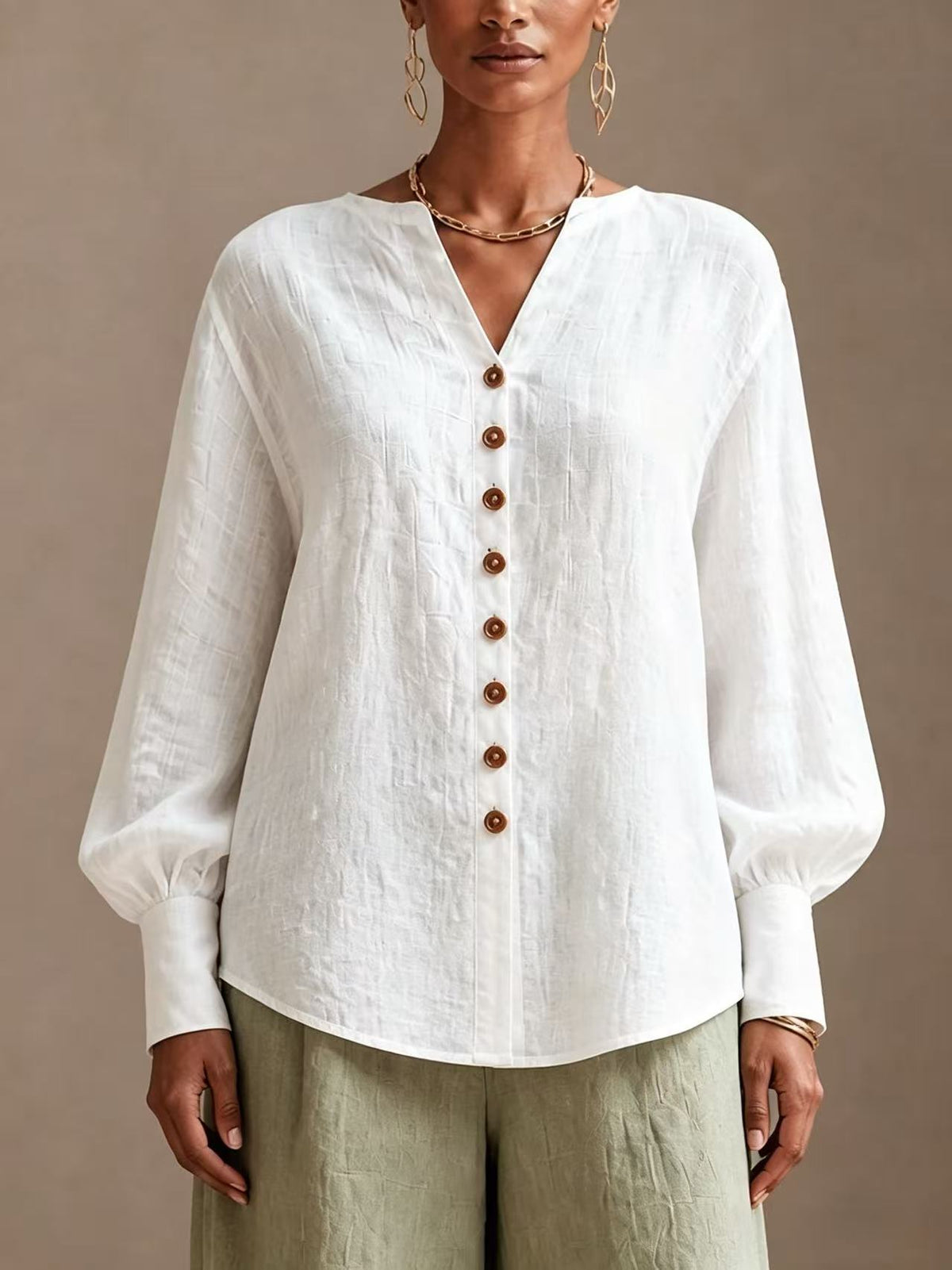 V-Neck Lantern-Sleeve Blouse in white