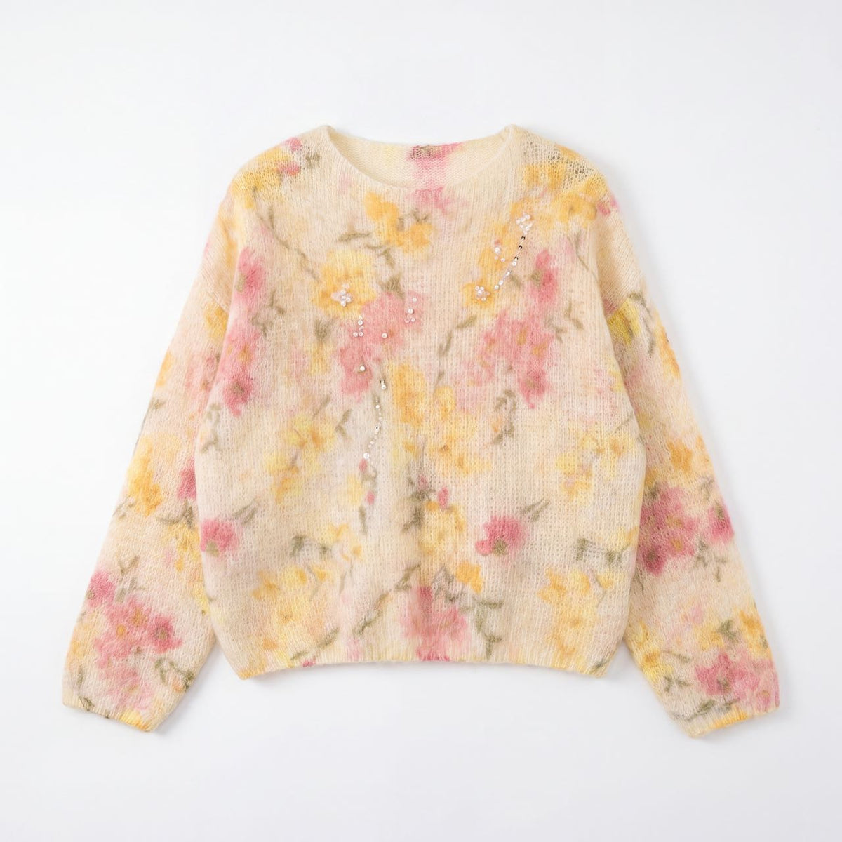 Tulip and Floral Print Fuzzy Knit Jumper, Wide Neck — view 2