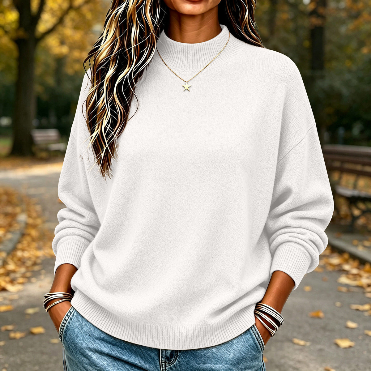 Mock-Neck Knit Sweater in white