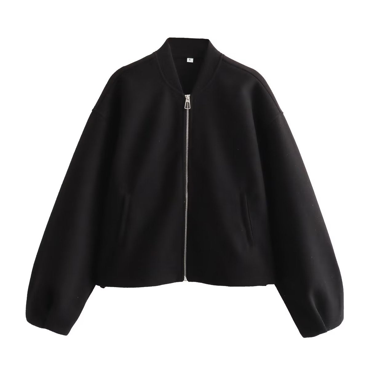 Cropped Bomber Jacket with Stand Collar