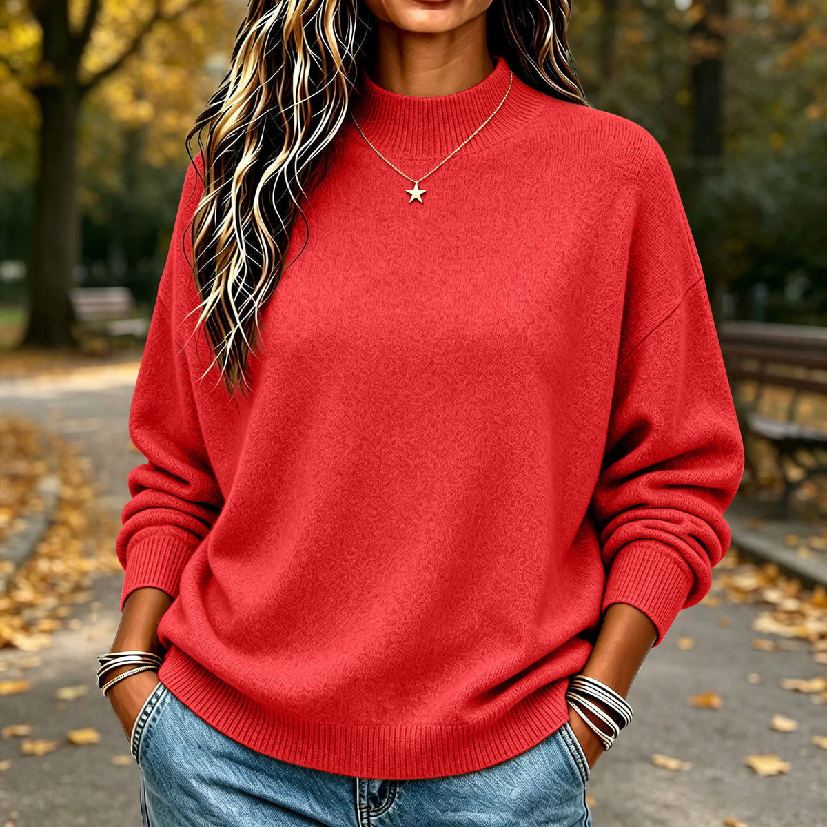 Mock-neck knit sweater in red, worn by a model in a park setting, front view, long dropped sleeves, ribbed collar and cuffs