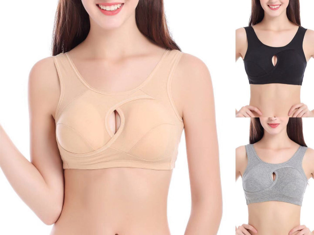 Beige wire-free keyhole bra, front close-up on model, with small black and grey inset images