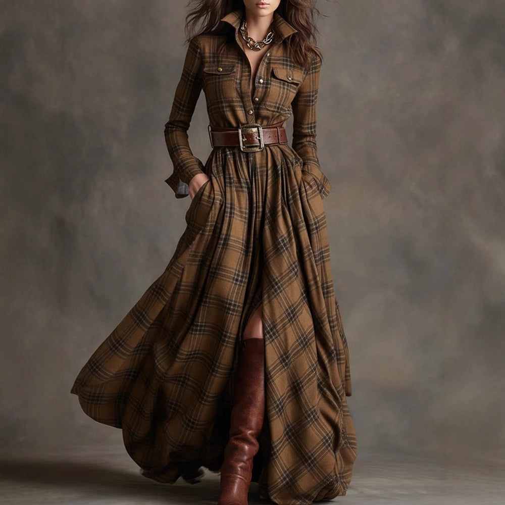 Plaid maxi shirt dress in brown and black check, front view on model with belt and boots