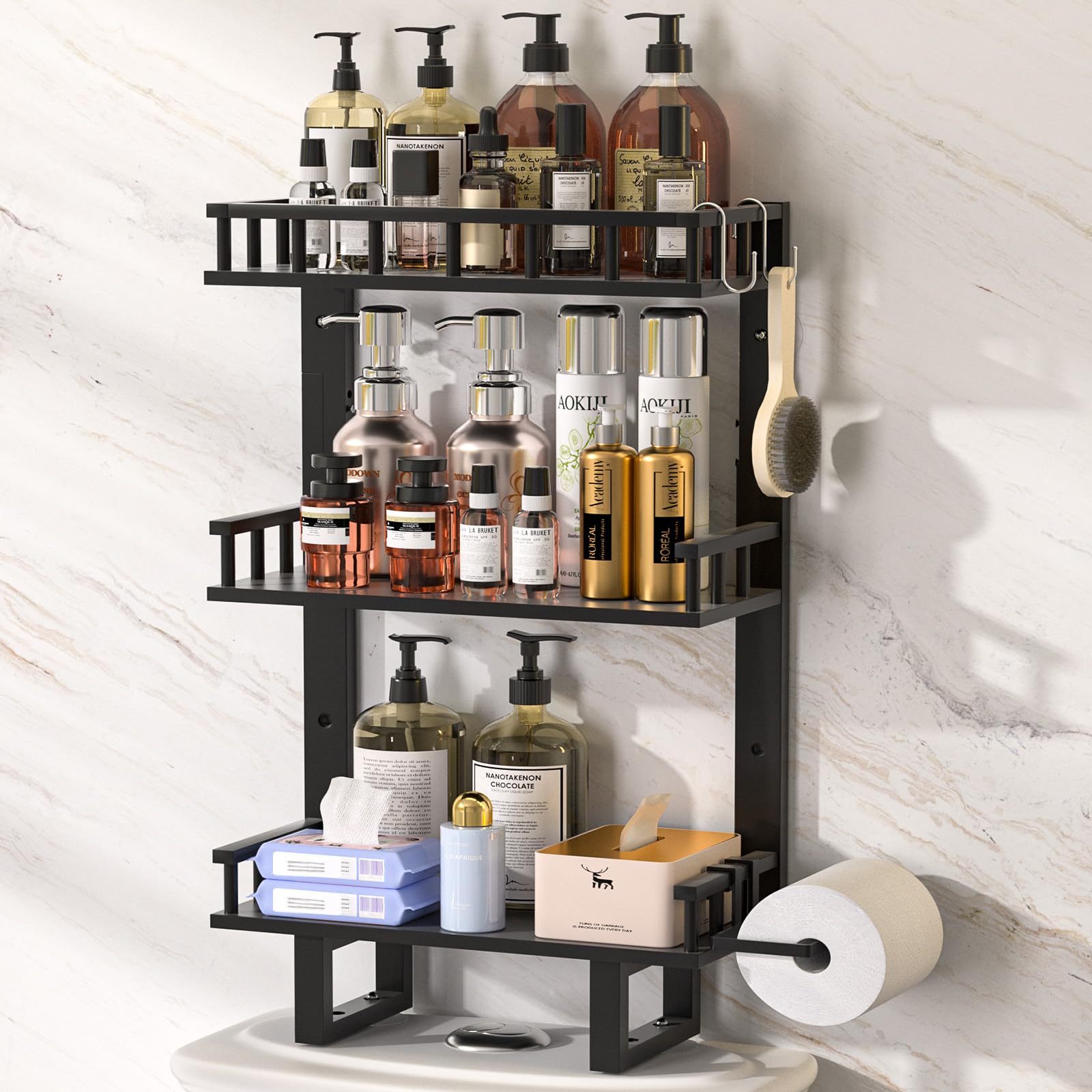 Bamboo Over Toilet Storage Shelf with Paper Holder