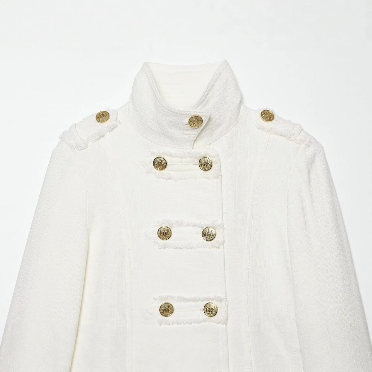 Cropped Stand-Collar Jacket with Gold-Tone Buttons