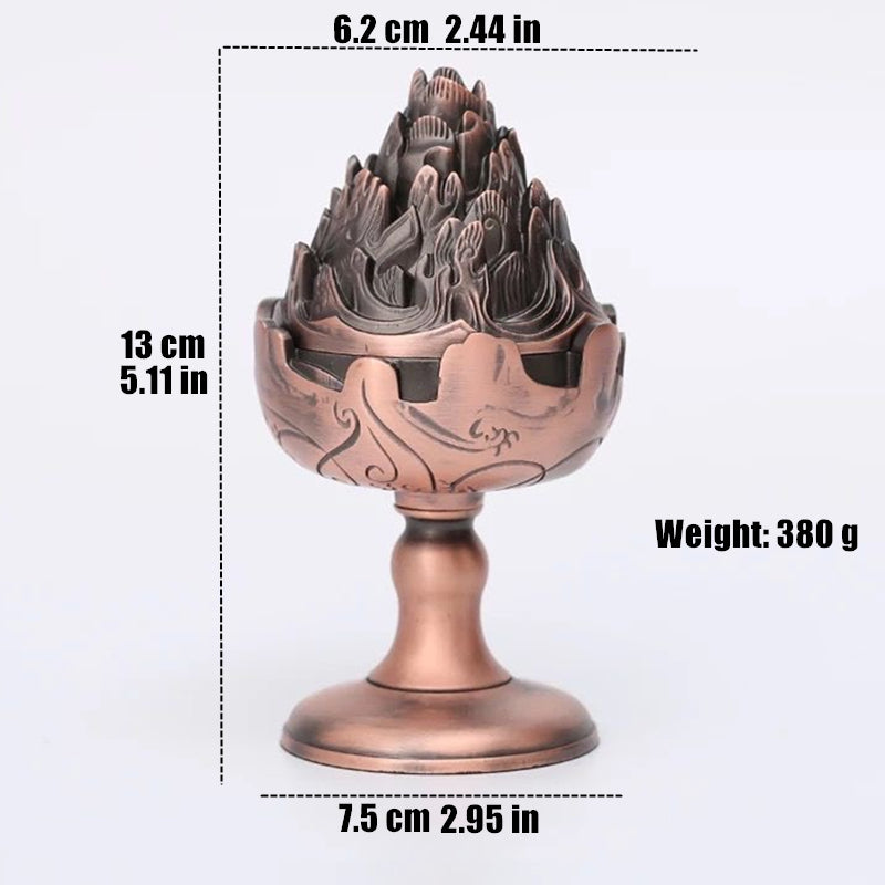 Incense burner in antique copper-tone, full view with dimensions and weight displayed