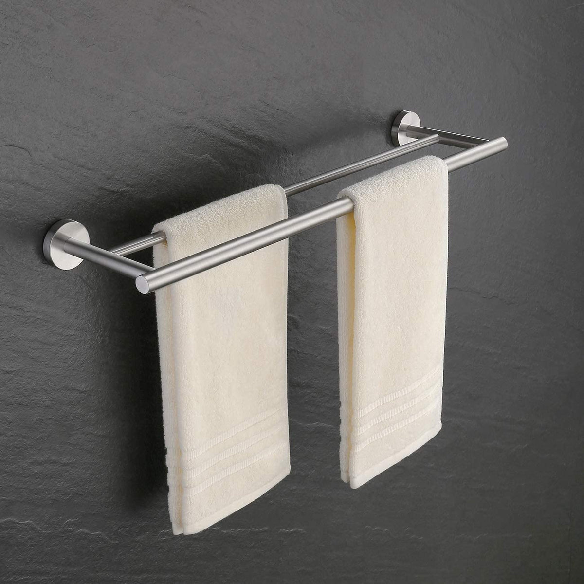 Double towel bar, brushed silver, 60 cm, mounted on dark wall with light towels hanging