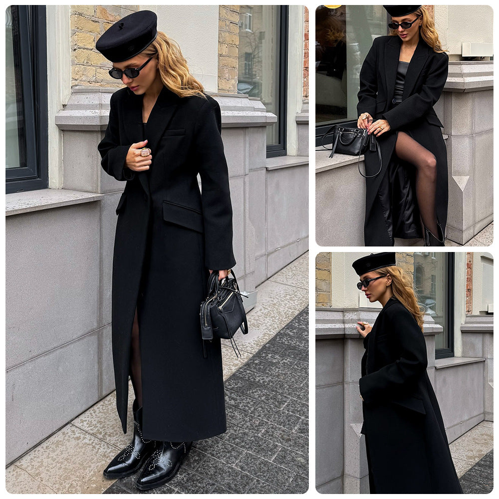 Floor-length single-breasted tailored coat in black, shown in three views: full front, seated side, and back profile, on a