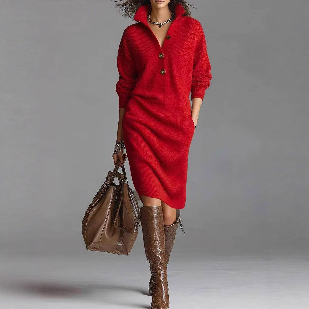 Collared knit sweater dress in red, front view on model, with button placket and side pockets, worn with boots and bag