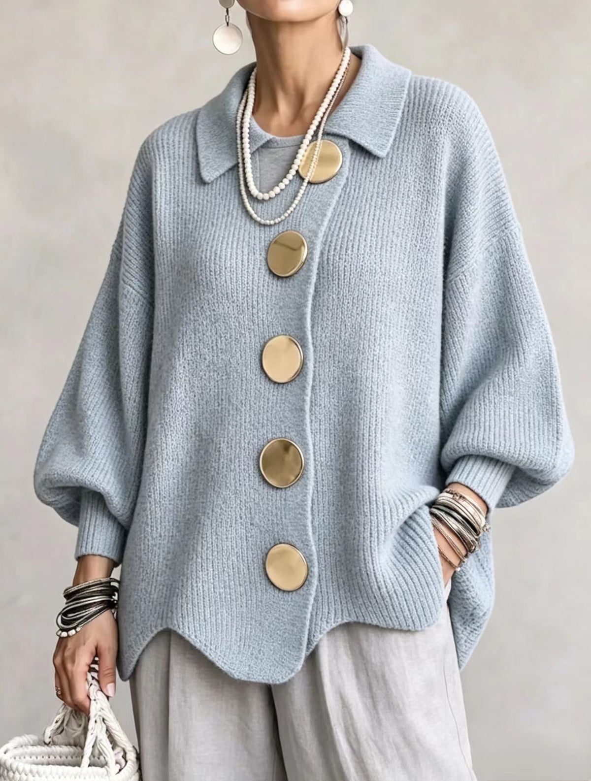 Collared Knit Cardigan with Oversized Buttons