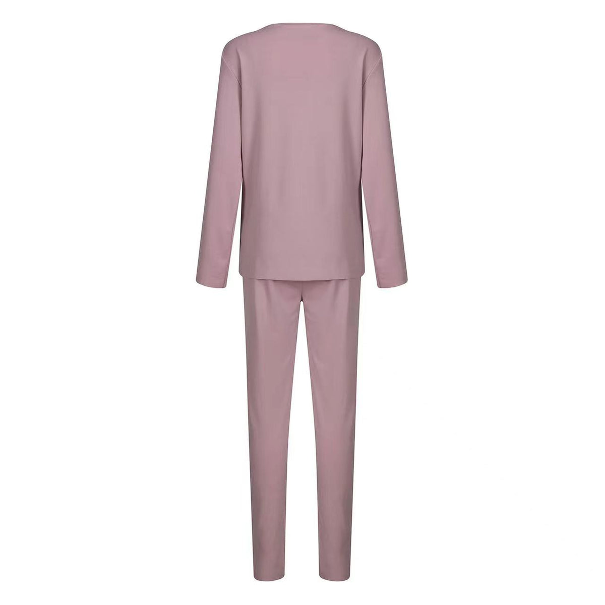 Button-placket sweatshirt and drawstring trouser set in dusty pink, back view