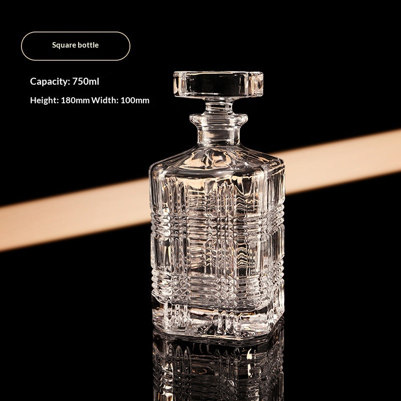 Square bottle, cut glass spirits decanter with stopper, front view, clear, ridged pattern, black background