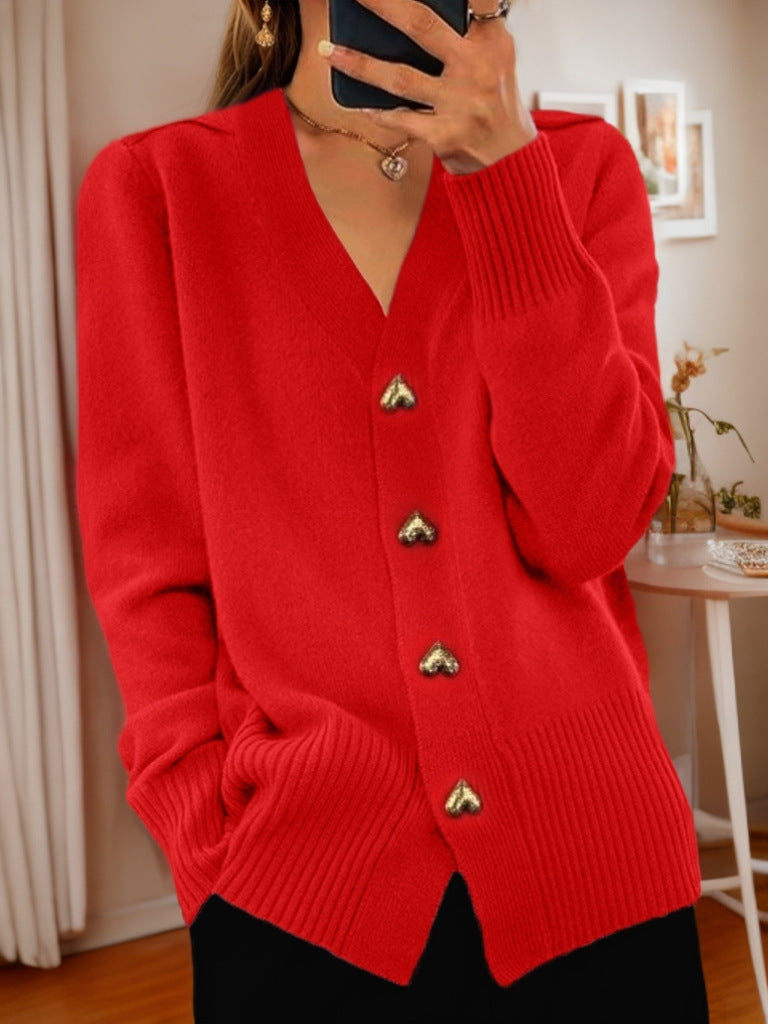 V-Neck Knit Cardigan with Heart Buttons