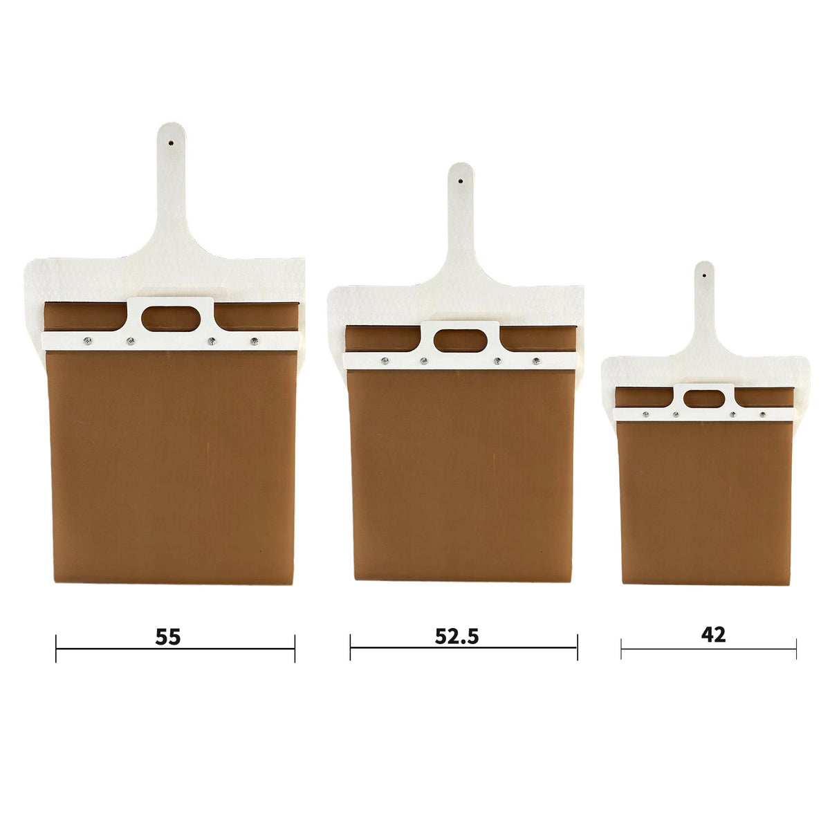 Sliding pizza peel with wooden frame in three sizes, front view, white background