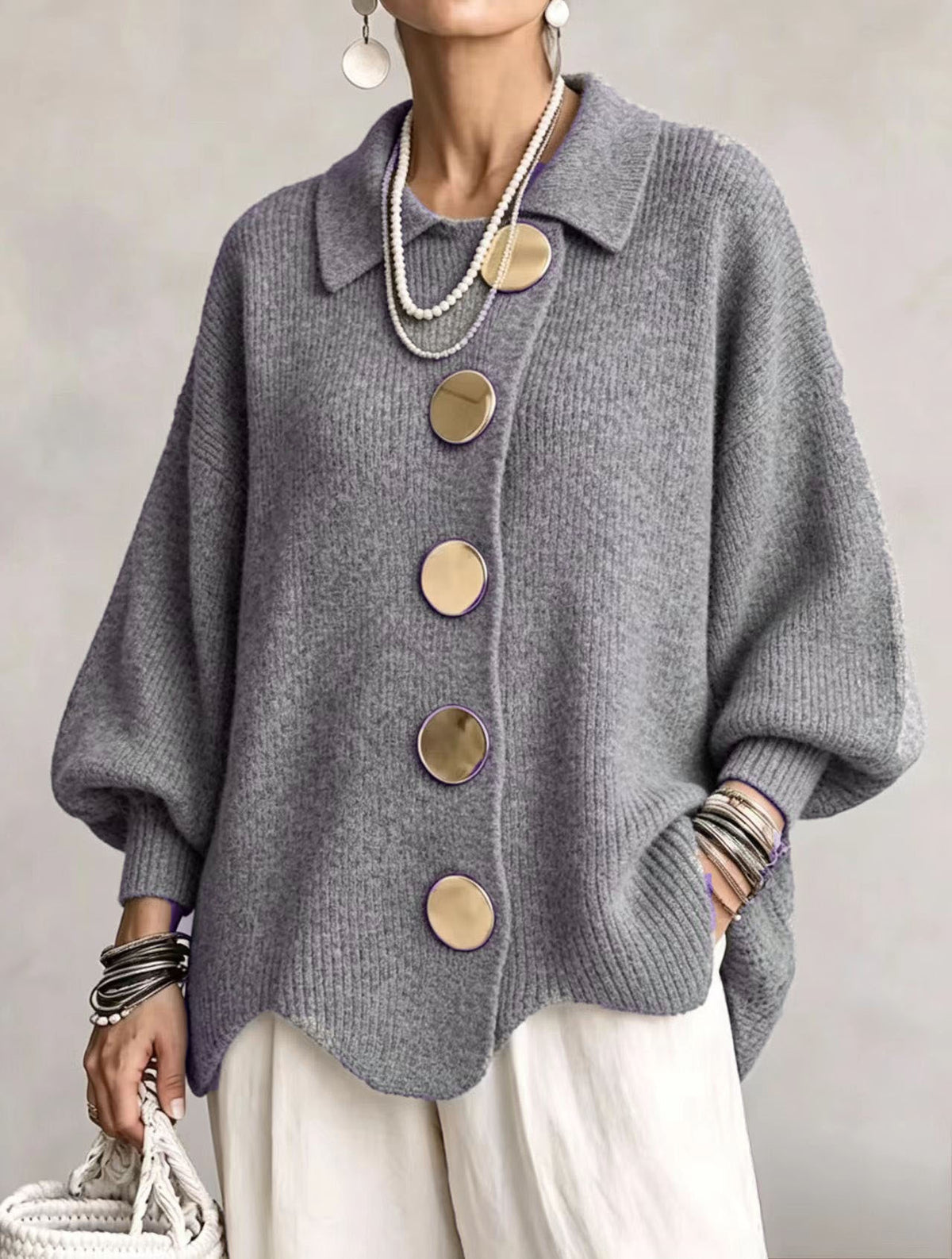 Collared Knit Cardigan with Oversized Buttons