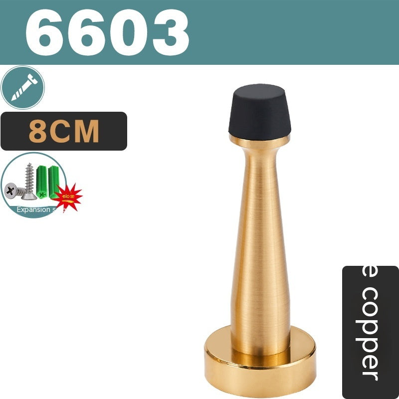 Brass-tone door stopper, 8 cm tall, black rubber cap, front view, white background, with text and icons