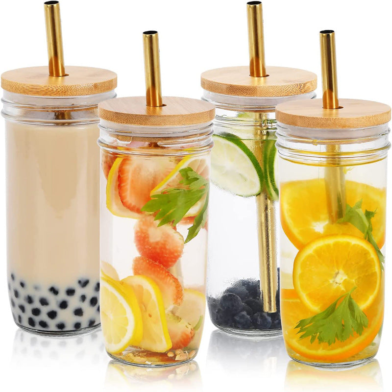 Premium Glass Tumbler Set with Bamboo Lids & Straws - 24oz