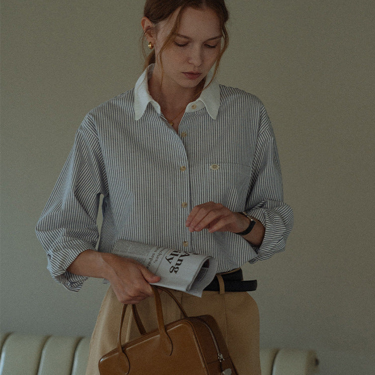 Contrast-Collar Blue Pinstripe Cotton Shirt