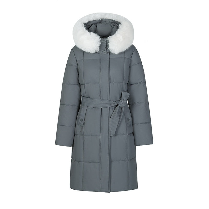 Mid-Length Padded Coat with Faux-Fur Hood and Tie Belt in gray