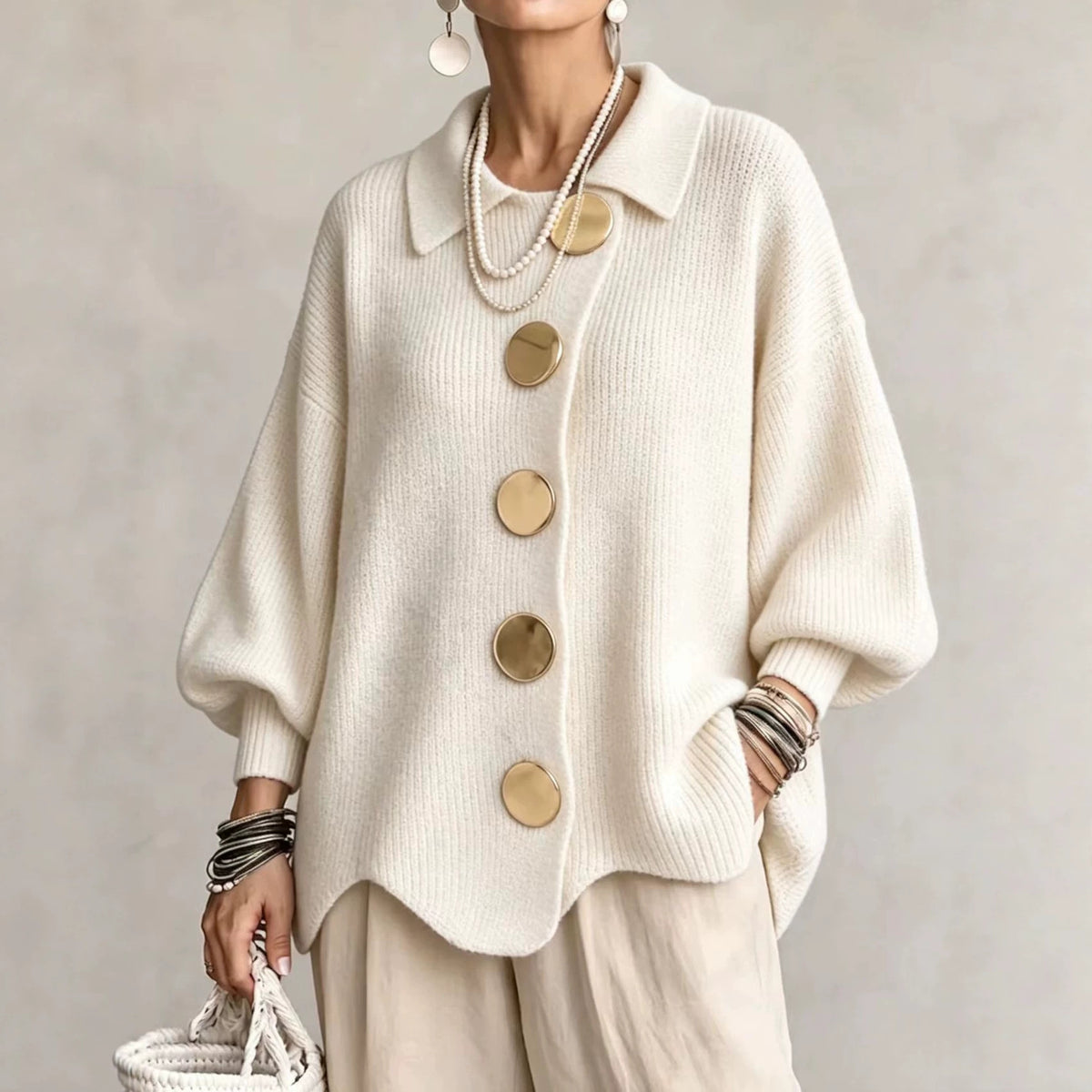 Collared Knit Cardigan with Oversized Buttons
