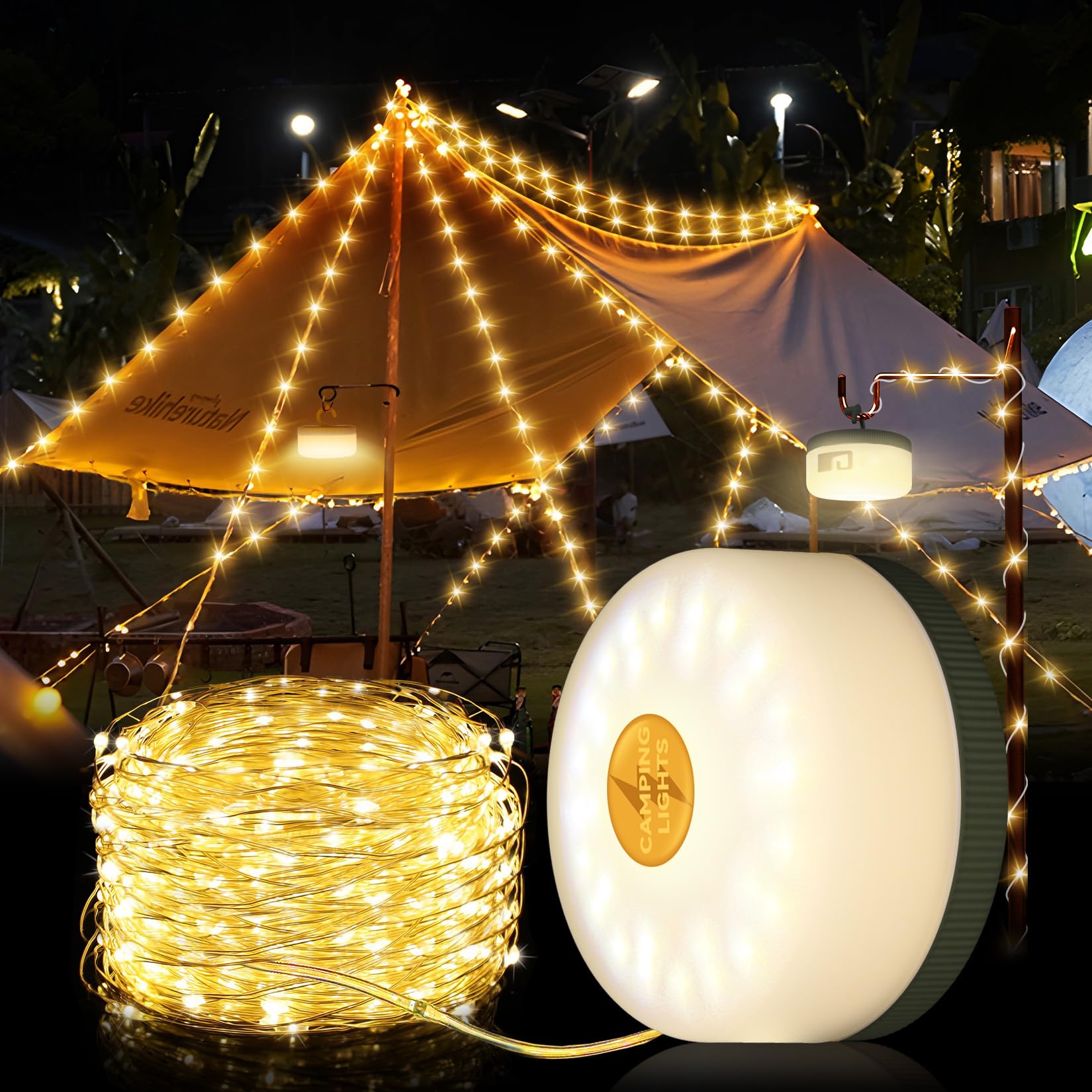 Portable Warm Camping String Lights - 26.2ft USB Rechargeable
