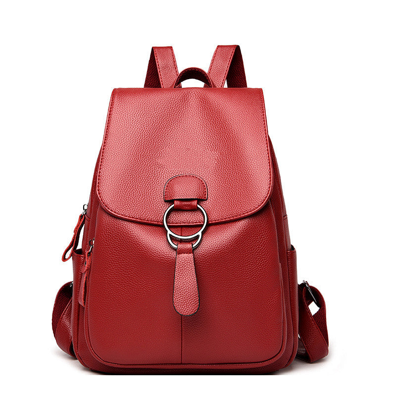 Faux Leather Flap Backpack with Ring-Pull Buckle